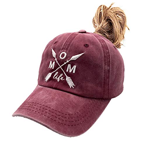 LOKIDVE Mom Life Arrow Ponytail Hat Messy High Bun Distressed Baseball Cap