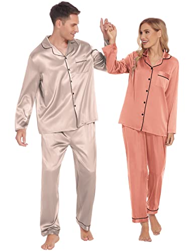 Ekouaer Couples Matching Pajamas Silk Long Sleeve Sleepwear Satin Soft Button Down Loungewear Pjs Set SXXL