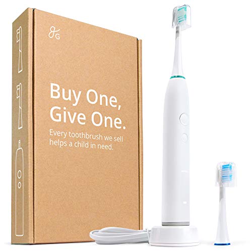 White GreaterGoods Sonic Electric Toothbrush with Battery Charger and Holder for Home Oral Care Four Brushing Modes and Extra Brush Heads