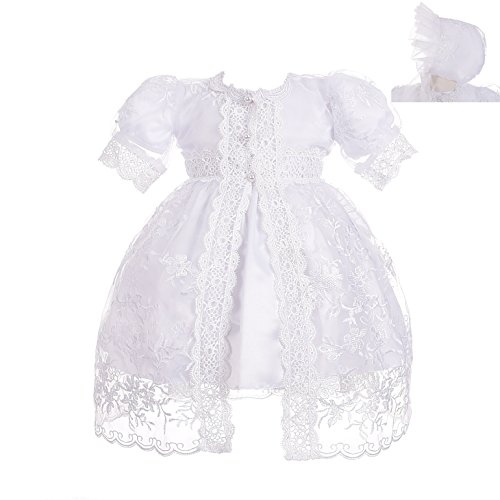 Baby Girls Embroidered White Dress with Lace Cape and Bonnet for Baptism or Christening by Dressy Daisy