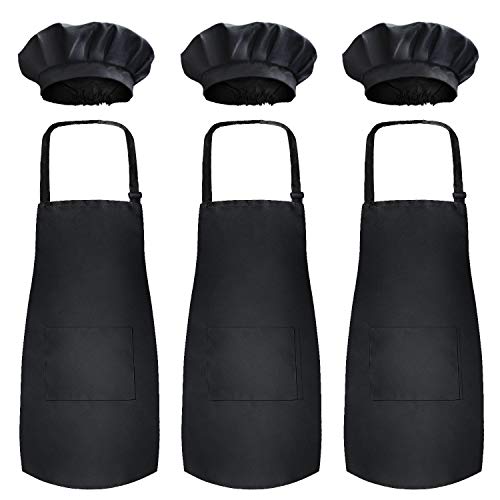 Novelty Place Kid39s Apron with Chef Hat Set 3 Set  Skinfriendly Childrens Bib with Pocket  Cooking Baking Painting Training Wear  Kid39s Size 612 Year Black