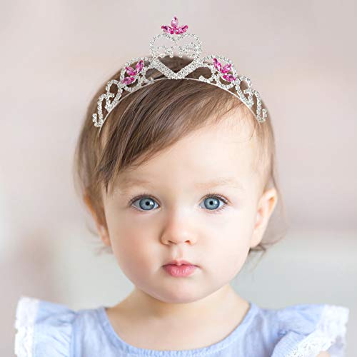 SWEETV Baby Girls 1st Birthday Tiara Headband Pink Infant First Birthday Crown Party Hat Rhinestone Princess Hairband for Kids