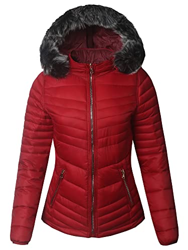 Women39s Quilted Puffer Jacket with Detachable Faux Fur Hood