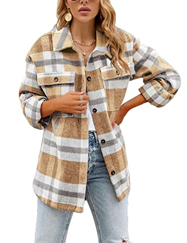 Urban Virgin Women39s Brushed Plaid Shirts Long Sleeve Flannel Lapel Button Down Pocketed Shacket Jacket Coats