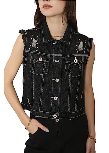 AnnaKaci Women Sleeveless Distressed Denim Jean Vest Jacket Button Up Crop Outwear