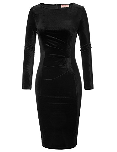 Belle Poque Women39s Long Sleeve Cocktail Dress Pleated Stretchy Bodycon Pencil Dress