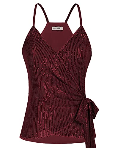 GRACE KARIN Women39s Sequin Tank Tops Sparkle Shimmer Cami Wrap V Neck Tie Waist Sexy Club Vest