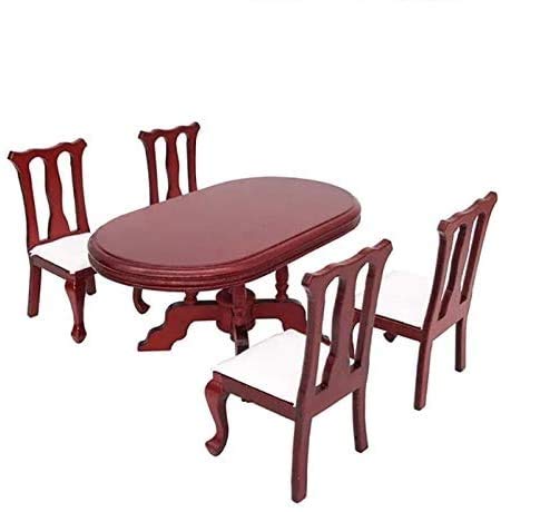 EatingBiting 112 Dollhouse Miniature Furniture Red Wooden Dining Table Chairs 5pcs Set 1 Table and 4 Chair Wooden Creative Handcraft Gift for Boys Girls Perfect for Interior Model