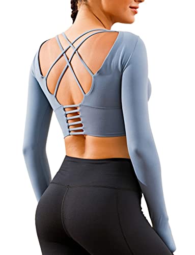 ECUPPER Womens Long Sleeve Sport Crop Top Strappy Padded Backless Yoga Top Workout Fitness Shirt with Thumb Hole