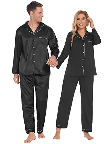 Ekouaer Couples Matching Pajamas Silk Long Sleeve Sleepwear Satin Soft Button Down Loungewear Pjs Set SXXL