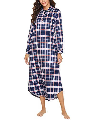 Ekouaer Women39s Cotton Nightgown Long Sleeve Nightshirt Full Length Loungewear Plaid Sleepwear With Pockets