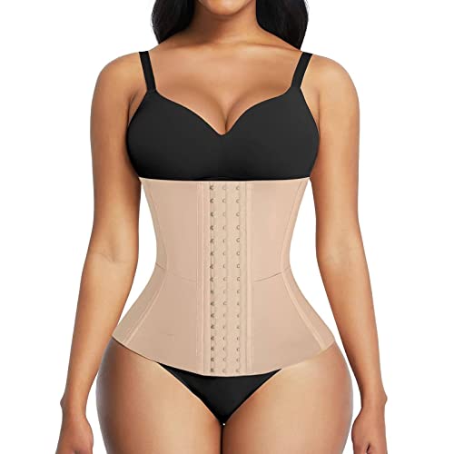 FeelinGirl Waist Trainer for Women Adjustable Underbust Corsets Latex Body Shaper 9 Steel Bones 3 Rows for Hooks and Pocket