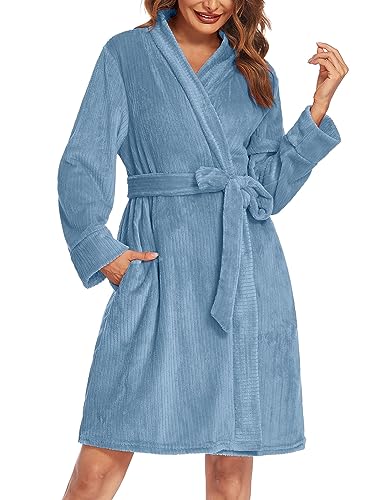 Ekouaer Women Fleece Bathrobe Plush Short Robe Long Sleeve Robe Attached Belt Soft Sleepwear Ladies Loungewear SXXL