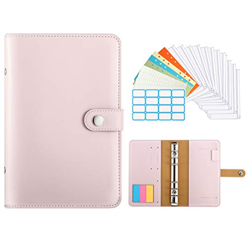 TiMOVO Budget Binder Planner Notebook Binder Pockets Budget Envelopes PU Leather Cover Folder 12 pcs LooseLeaf Clear Plastic Pockets  Page Markers  Label Stickers  Papers A6 Brown