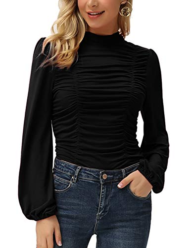 GRACE KARIN Womens Long Lantern Sleeve HighNeck Ruched Front Fitted Blouse