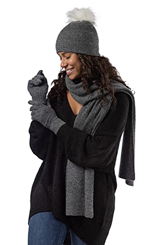 Fishers Finery Women39s 3 Piece 100 Cashmere Pom Beanie Hat Glove  Scarf Set with Gift Box