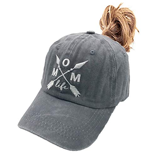 LOKIDVE Mom Life Arrow Ponytail Hat Messy High Bun Distressed Baseball Cap