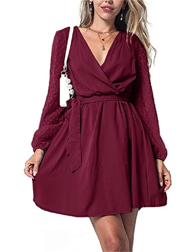 AnnaKaci Women Chiffon ALine Wrap Dress Long Sleeve V Neck Elastic Waist Pom Pom Swiss Dot Dresses