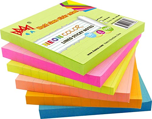 4A Sticky Notes3 x 3 InchesNeon AssortedLinedSelfStick Notes100 SheetsPad6 PadsPack4A 303x6NL