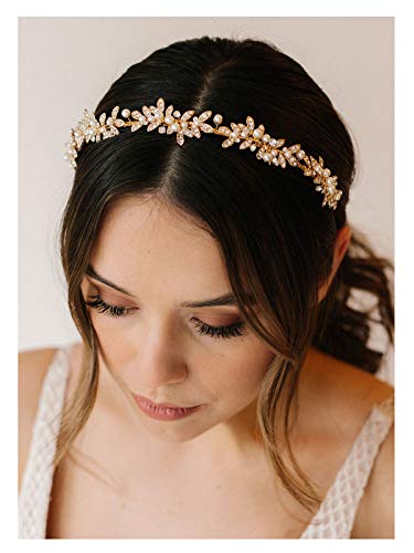 SWEETV Rhinestone Bridal Headband Gold Crystal Tiara for Women Pearl Wedding Headpieces for Bride Hair Accessories for Prom Birthday Party