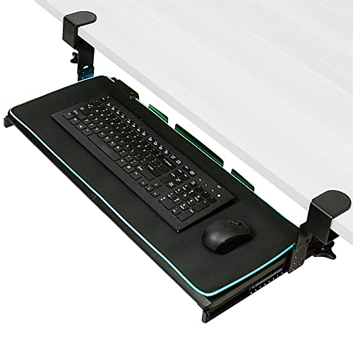 VIVO Large Height Adjustable Under Desk Keyboard Tray with RGB LED Light Mouse Pad Cclamp Mount 27 33 Including Clamps x 11 inch SlideOut Platform Computer Drawer for Typing Black MOUNTKB05GP