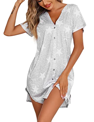 Ekouaer Womens Nightgown Sexy Button Down Sleep Dress Short Sleeve Night Shirt V Neck Sleepwear