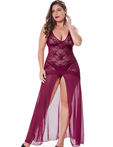 LINGERLOVE Plus Size Lingerie for Women Sexy Split Maxi Long Gown Sheer Dress