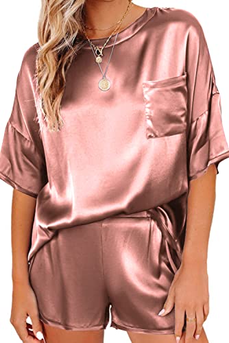 Ekouaer Satin Pajamas for Women Short Sleeve Silk Pajama Sets Soft Sleepwear Top with Causal Pj Shorts