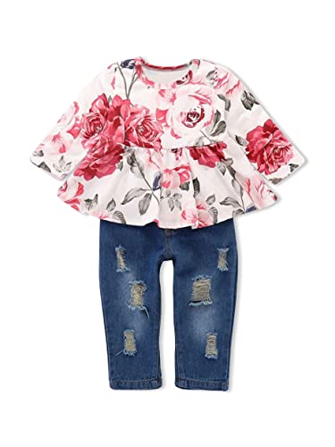 PATPAT Baby Girl Clothes Set Infant Toddler Denim Girl Outfits Flower Ruffle Top with Ripped Denim Jeans Pant Sets 324M