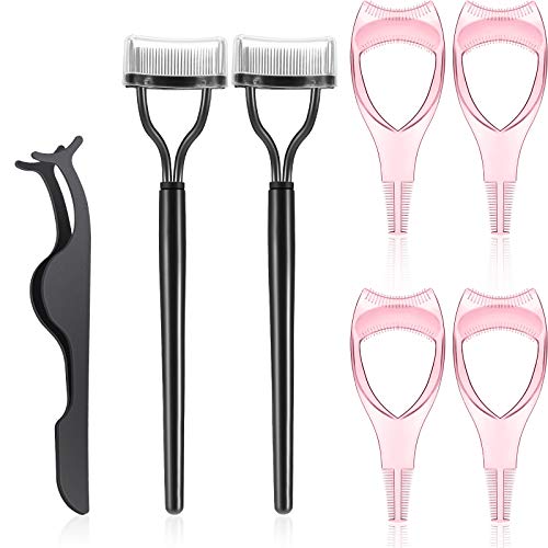 7 Pieces Eyelash Mascara Tool Mascara Applicator Lash Guard PlasticEyelash Comb Separator Curler Tool Eyelash Tweezers Lash Extension for Women Girls Black Pink