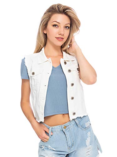 AnnaKaci Distressed Denim Sleeveless Crop Button Vest for Women