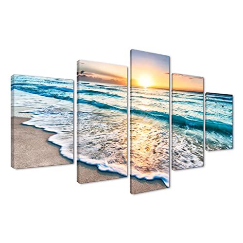 Blue Beach Ocean Sunrise Modern Landscape Painting 5 piece canvas art HD Prints Pictures Giclee Artwork Wall Art for Living Room Home Decor Wooden Framed Stretched Ready to Hang503939Wx243939H