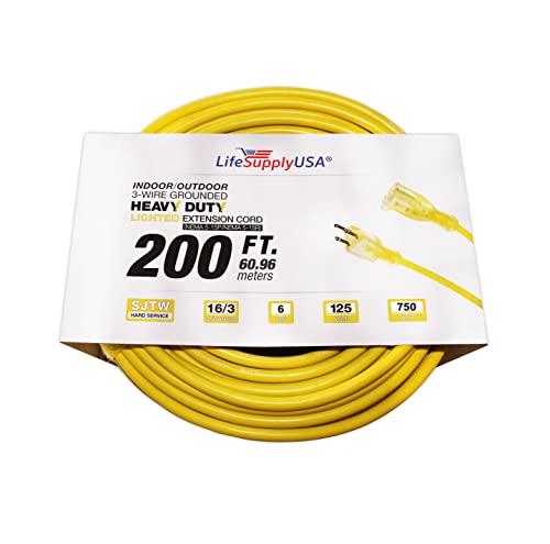 75 ft Power Extension Cord Outdoor  Indoor Heavy Duty 16 Gauge3 Prong SJTW Yellow Lighted end Extra Durability 10 AMP 125 Volts 1250 Watts by LifeSupplyUSA