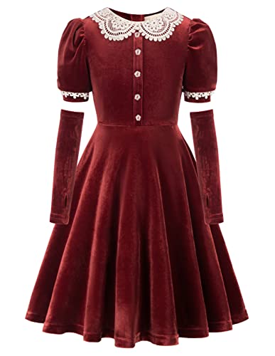 Belle Poque Girls Velvet Dress with Collar and Sleeve Vintage Party Dress for Kids 612