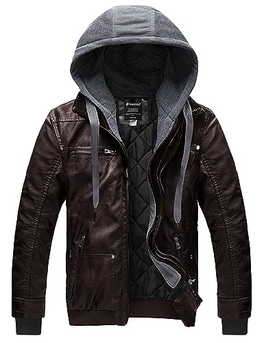 Coat for Men by Wantdo Faux Leather Motorcycle Jacket with Detachable Hood Casual Warm Winter Coat