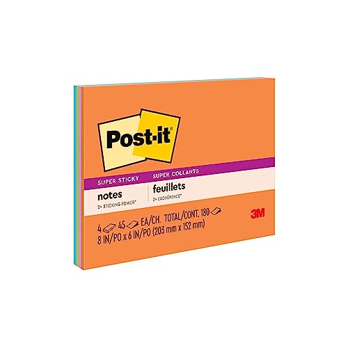 Sticky Notes Postit Super 8 x 6 4Pad Pack DoubleStick Energy Boost Vibrant Colours Recyclable 6845SSP