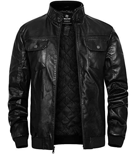 Wantdo Men39s Faux Leather Jacket Windproof Motorcycle Bomber Jacket Slim Fit Winter Coat with Removable Hood