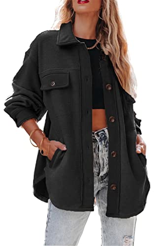 Urban Virgin Womens Causal Button Down Long Sleeve Shacket Jacket Sherpa Breasted Trench Oversized Lapel Coat