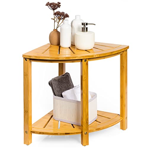 Sorbus Corner Shower Stool Bamboo Bench with Shelf  Waterproof 2Tier Wood Storage  Seat for Bathroom Shower Spa Sauna