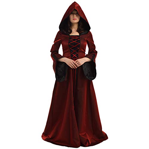 BLESSUME Women Renaissance Laceup Vintage Hooded Dress Medieval Witch Dress Cosplay Costume