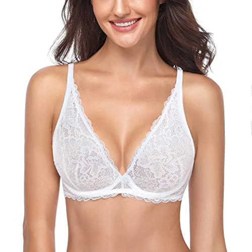 Wingslove Lace Bra for Women Unlined Sexy See Through Deep V Bralette Underwire Bra