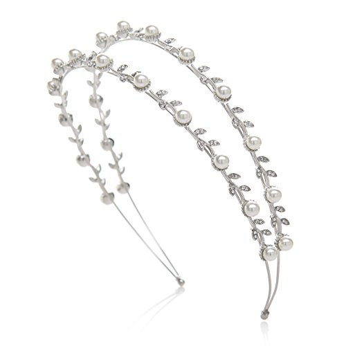 SWEETV Pearl Wedding Headband Silver Double Band Bridal Headpieces Crystal Tiara Women Hair Accessories for Women