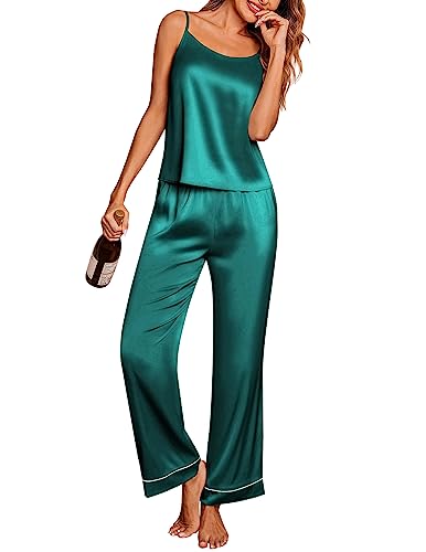 Ekouaer Women Satin Pajamas Sexy Silk Sleevless Pjs Set Summer Soft Camisole Tops and Pants Sleepwear with Pockets SXXL