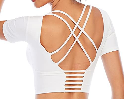 ECUPPER Womens Long Sleeve Sport Crop Top Strappy Padded Backless Yoga Top Workout Fitness Shirt with Thumb Hole