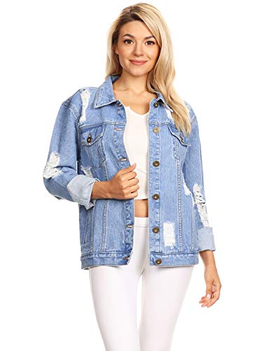 AnnaKaci Women Long Sleeve Oversize Denim Jacket Ripped Distressed Boyfriend Jean Coat