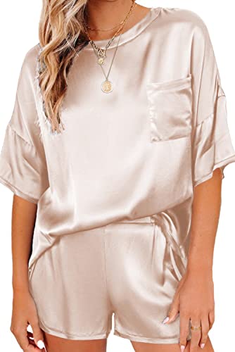 Ekouaer Satin Pajamas for Women Short Sleeve Silk Pajama Sets Soft Sleepwear Top with Causal Pj Shorts