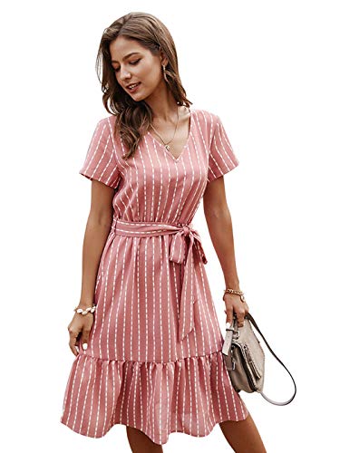 AnnaKaci Women39s Vertical Striped Short Sleeve Ruffle Flowy Swing Dress with Belt