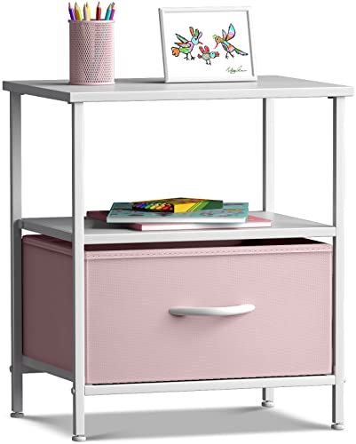 Sorbus Nightstand 1Drawer Shelf Storage Bedside Furniture  Accent End Table Chest for Home Bedroom Office College Dorm Steel Frame Wood Top Easy Pull Fabric Bins Beige