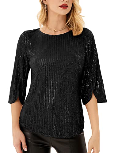 Women39s Sparkle Sequin Party Blouse Tops Shimmer Glitter 34 Slit Sleeve Dressy Tops