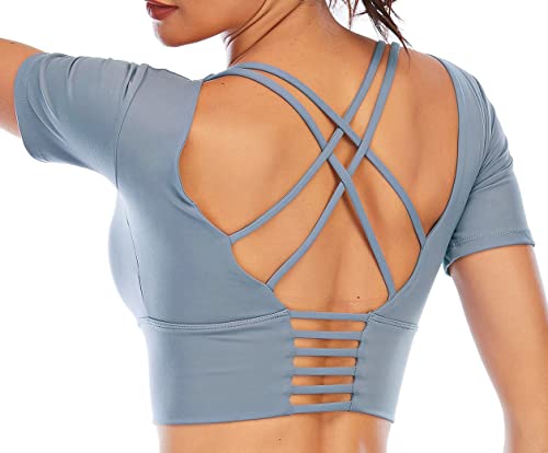 ECUPPER Womens Long Sleeve Sport Crop Top Strappy Padded Backless Yoga Top Workout Fitness Shirt with Thumb Hole